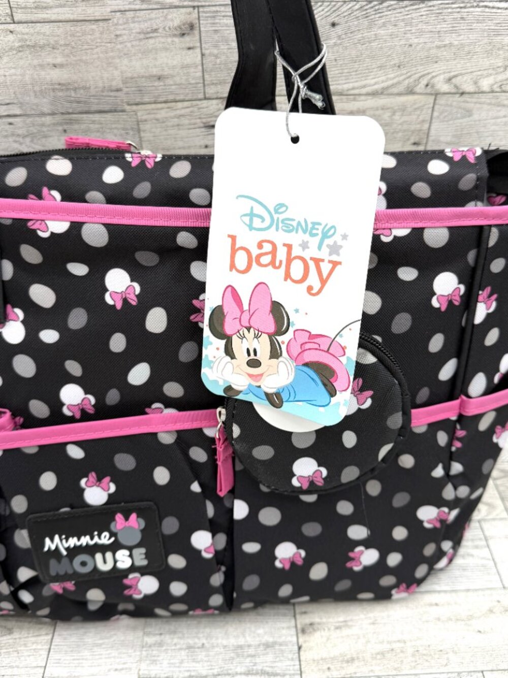 NWT Disney Baby Minnie Mouse Black Pink Gray & White 4-Piece Diaper Bag Gift Set - Picture 3 of 11